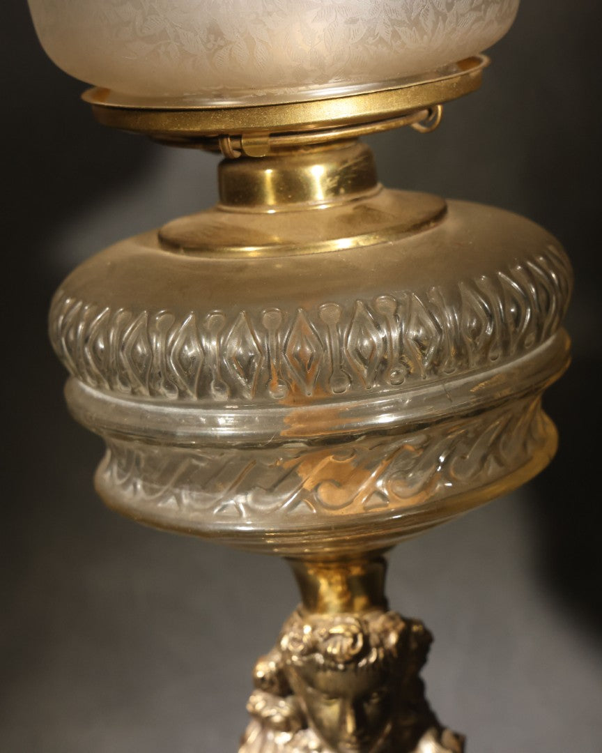 Antique Figural Bust Oil Lamp with Pressed Glass Font, Ruffled Frosted Shade, and Glass Chimney