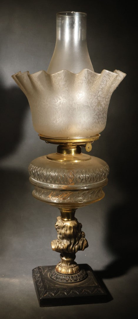 Antique Figural Bust Oil Lamp with Pressed Glass Font, Ruffled Frosted Shade, and Glass Chimney