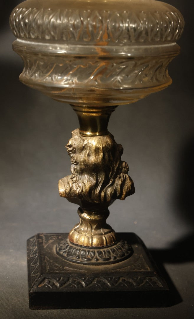 Antique Figural Bust Oil Lamp with Pressed Glass Font, Ruffled Frosted Shade, and Glass Chimney