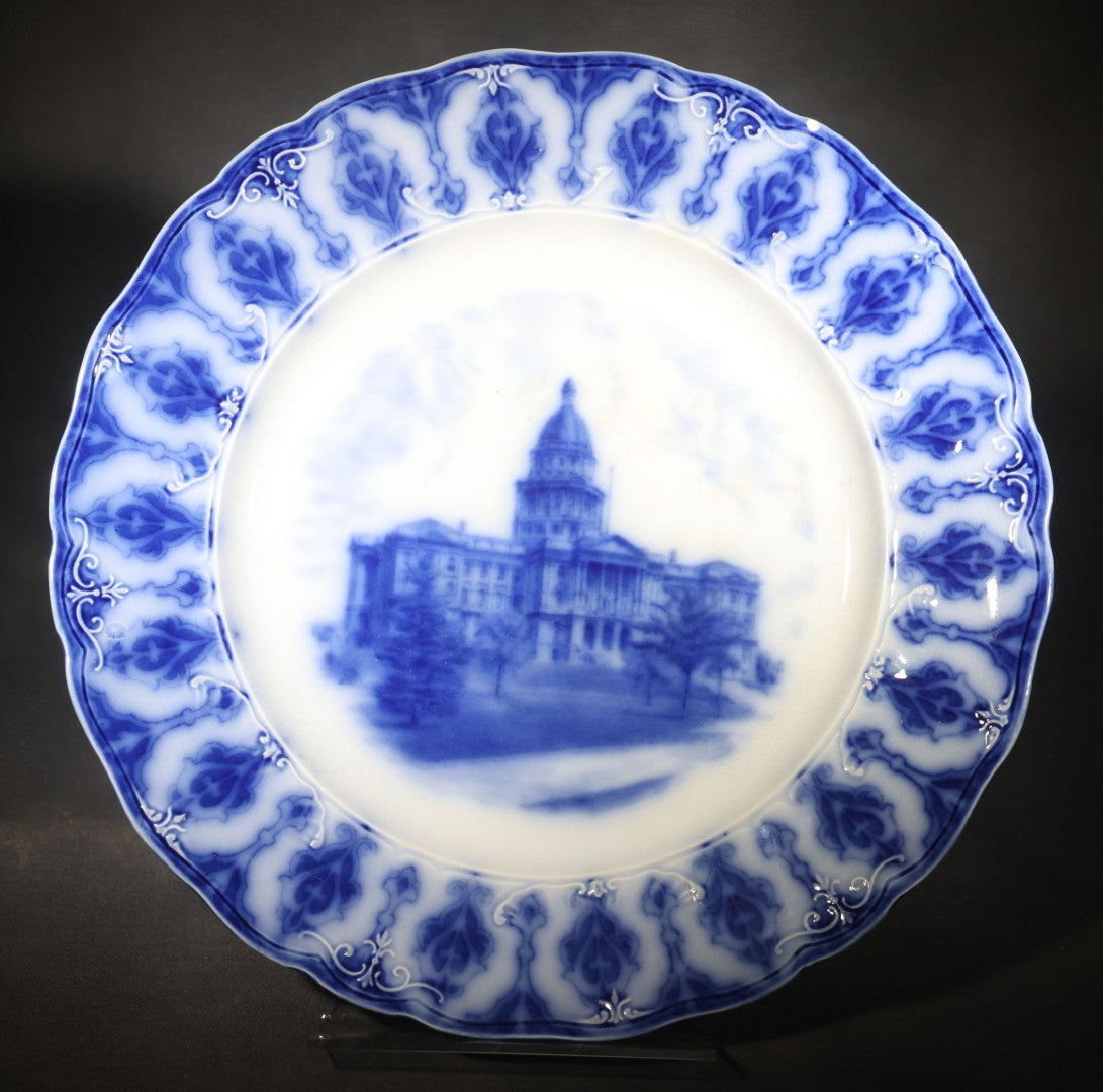 Antique Flow Blue Souvenir Plate Depicting the Colorado State Capitol Building, Scalloped Edge with Repeating Foliate Border, England, Note Chip