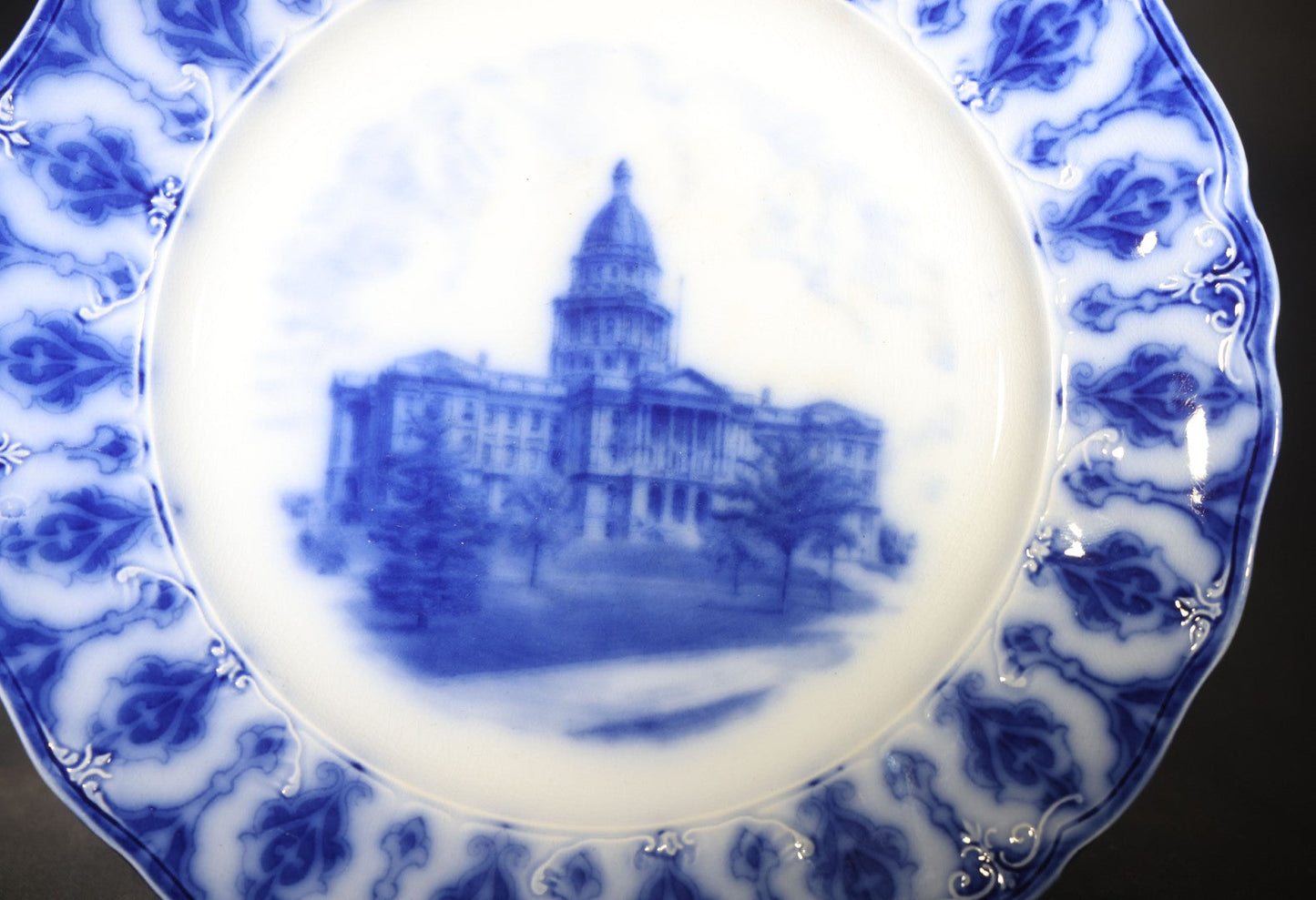 Antique Flow Blue Souvenir Plate Depicting the Colorado State Capitol Building, Scalloped Edge with Repeating Foliate Border, England, Note Chip