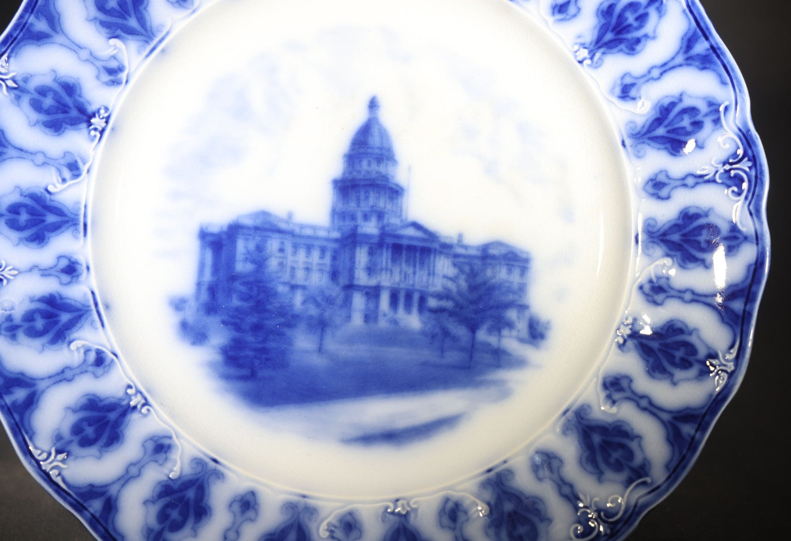 Antique Flow Blue Souvenir Plate Depicting the Colorado State Capitol Building, Scalloped Edge with Repeating Foliate Border, England, Note Chip