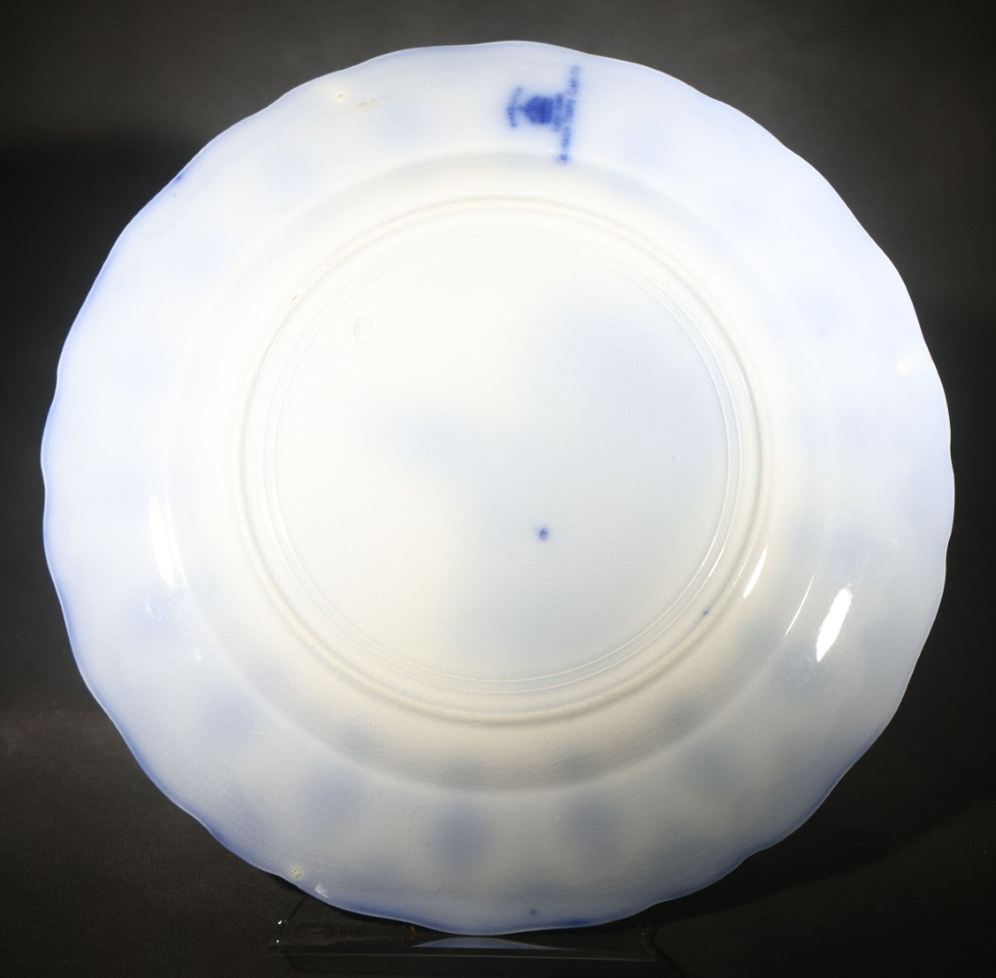 Antique Flow Blue Souvenir Plate Depicting the Colorado State Capitol Building, Scalloped Edge with Repeating Foliate Border, England, Note Chip