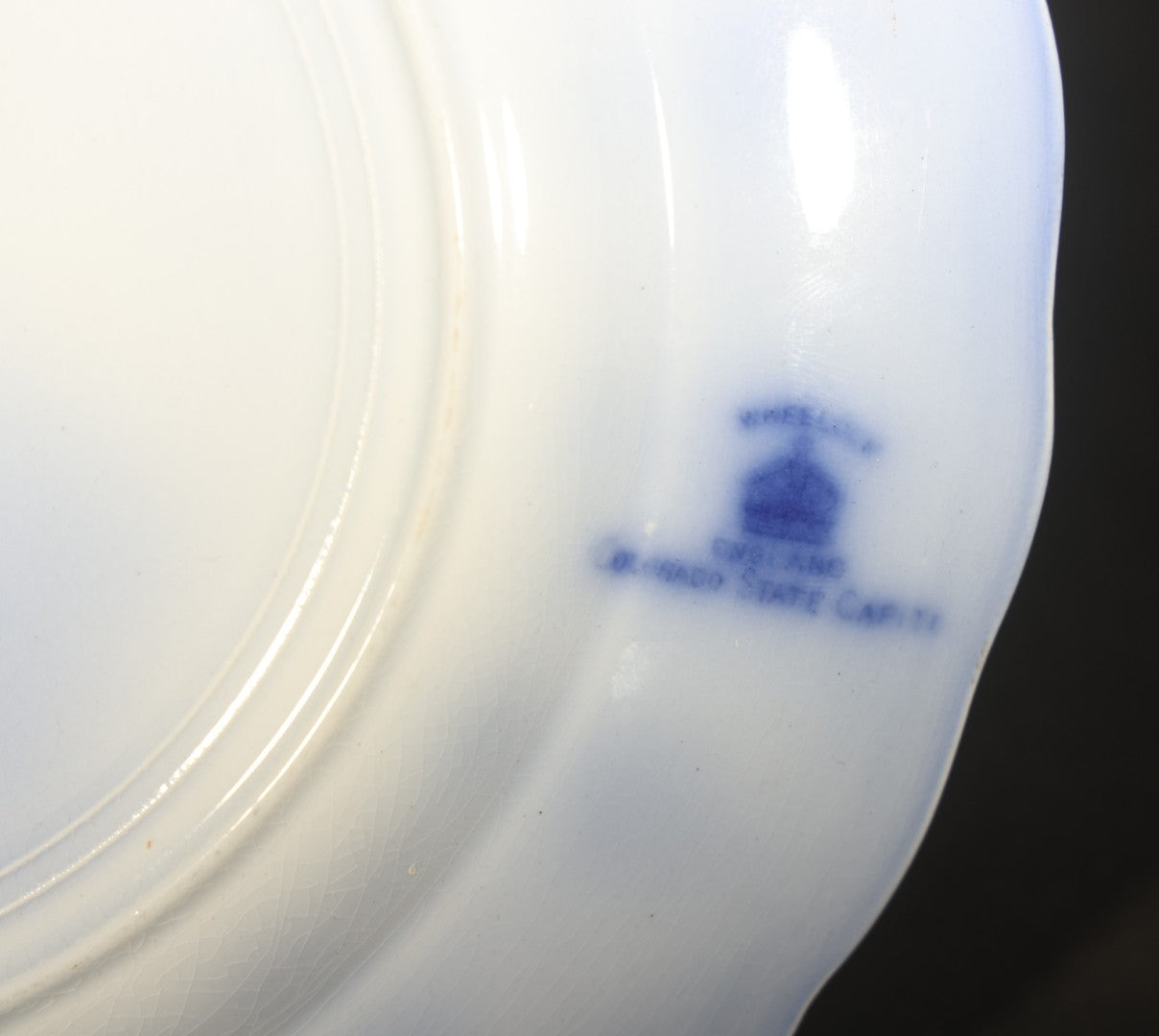 Antique Flow Blue Souvenir Plate Depicting the Colorado State Capitol Building, Scalloped Edge with Repeating Foliate Border, England, Note Chip