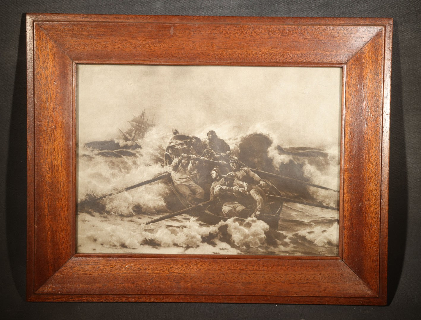 Antique Framed Print "Redningsbaaden Gaar Ud" ("The Lifeboat Goes Out") After Laurits Tuxen, Art Supplement to "Illustreret Familieblad" No. 53, Printed by C. Andersen's Bogtrykkeri, Horten, Norway