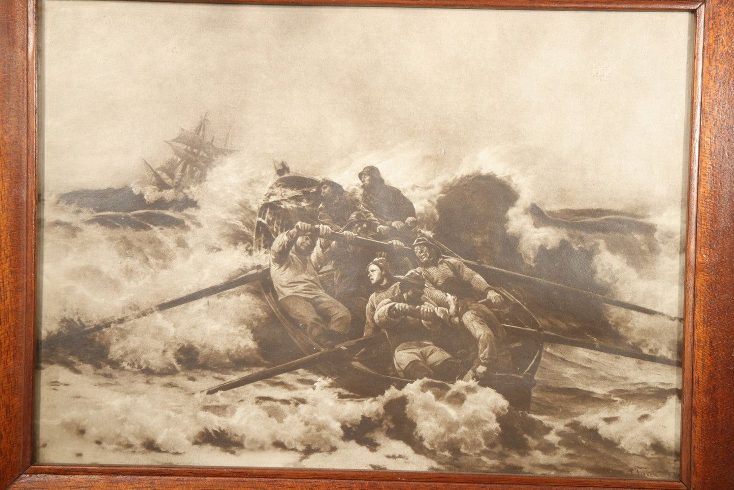 Antique Framed Print "Redningsbaaden Gaar Ud" ("The Lifeboat Goes Out") After Laurits Tuxen, Art Supplement to "Illustreret Familieblad" No. 53, Printed by C. Andersen's Bogtrykkeri, Horten, Norway