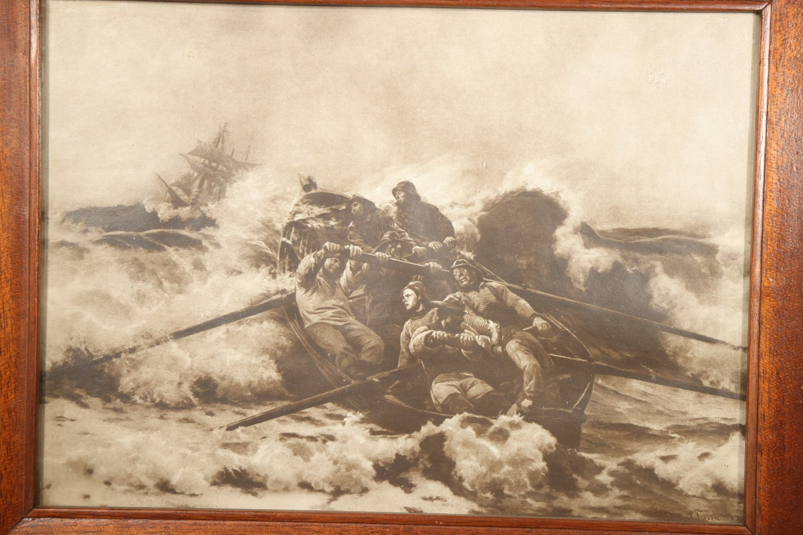 Antique Framed Print "Redningsbaaden Gaar Ud" ("The Lifeboat Goes Out") After Laurits Tuxen, Art Supplement to "Illustreret Familieblad" No. 53, Printed by C. Andersen's Bogtrykkeri, Horten, Norway