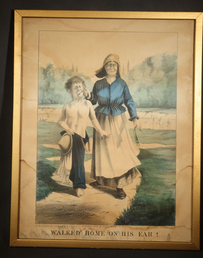 Antique "Walked Home on His Ear!" Hand-Colored Lithograph Print, Published by Currier & Ives, New York, 1878