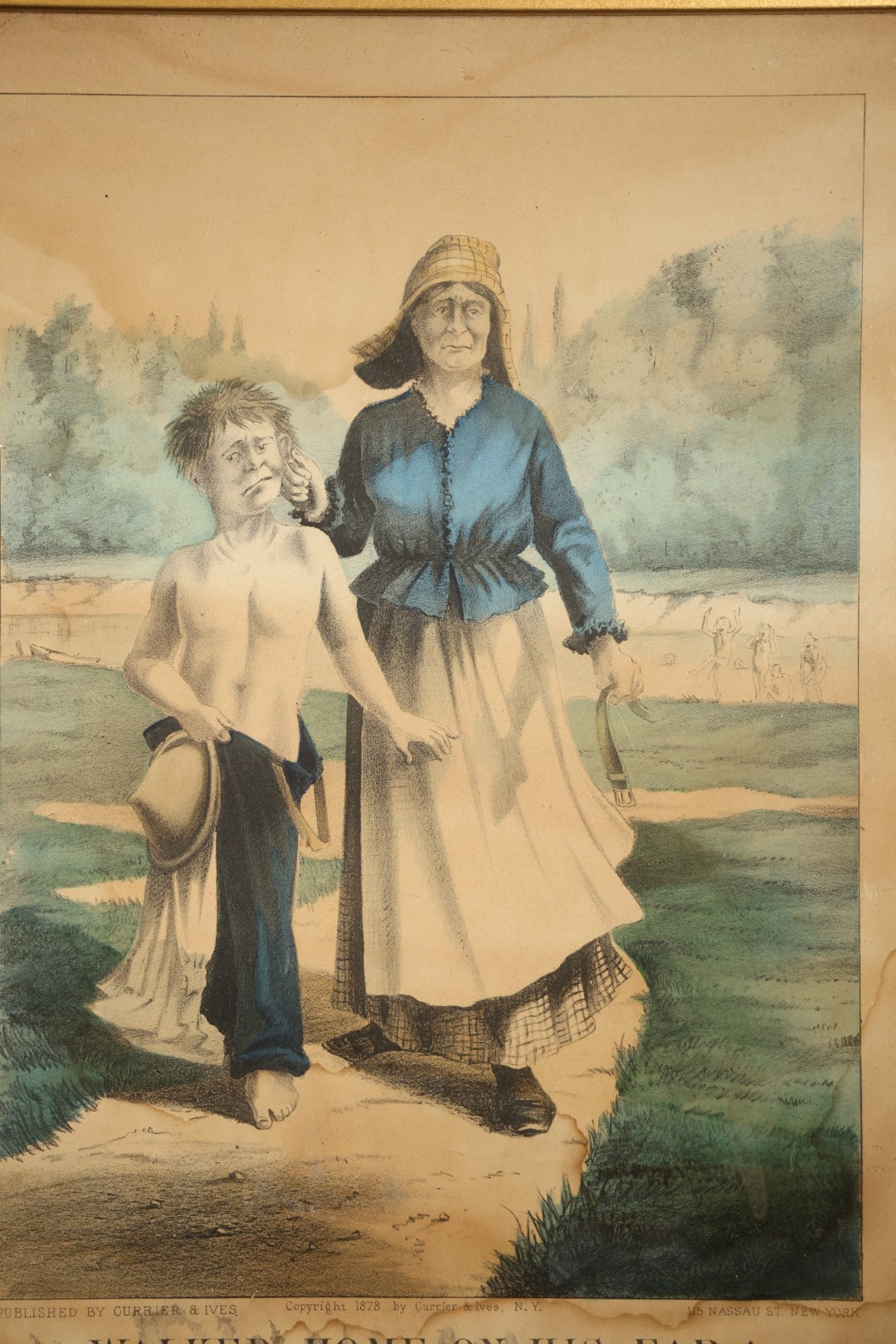 Antique "Walked Home on His Ear!" Hand-Colored Lithograph Print, Published by Currier & Ives, New York, 1878