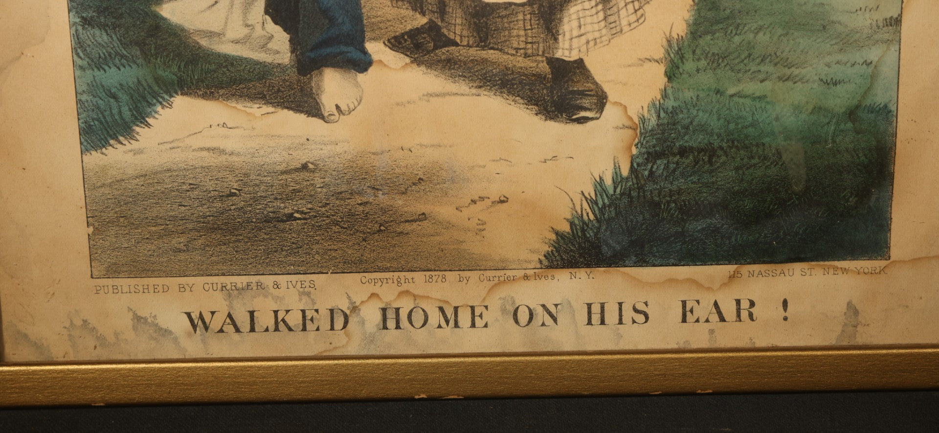 Antique "Walked Home on His Ear!" Hand-Colored Lithograph Print, Published by Currier & Ives, New York, 1878