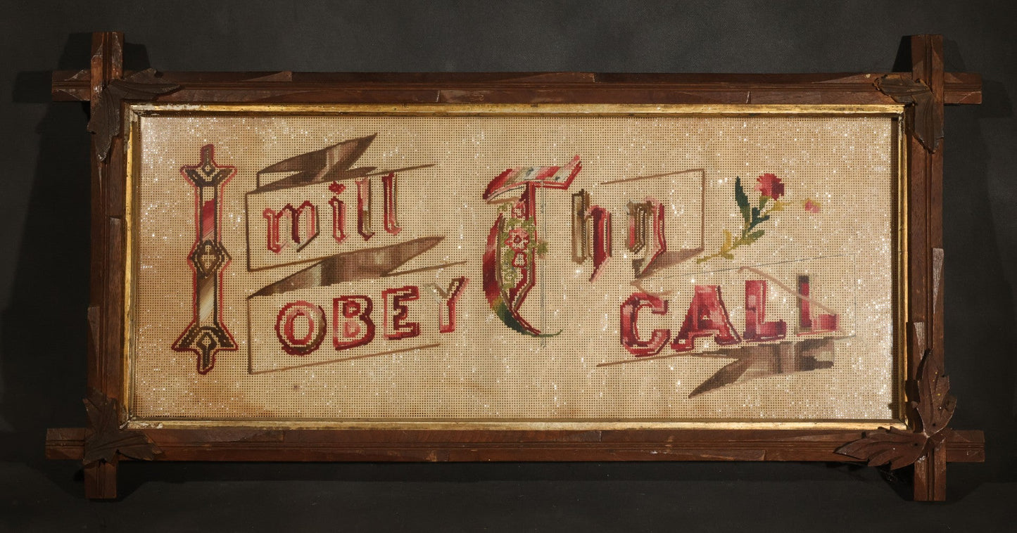 Antique Victorian Punchwork Paper Embroidery "I Will Obey Thy Call" in Crossed-Corner Wood Frame