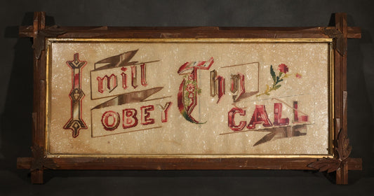 Antique Victorian Punchwork Paper Embroidery "I Will Obey Thy Call" in Crossed-Corner Wood Frame