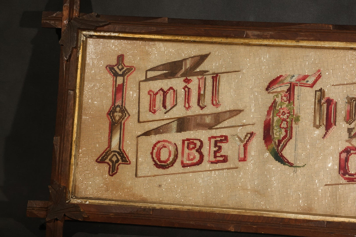Antique Victorian Punchwork Paper Embroidery "I Will Obey Thy Call" in Crossed-Corner Wood Frame