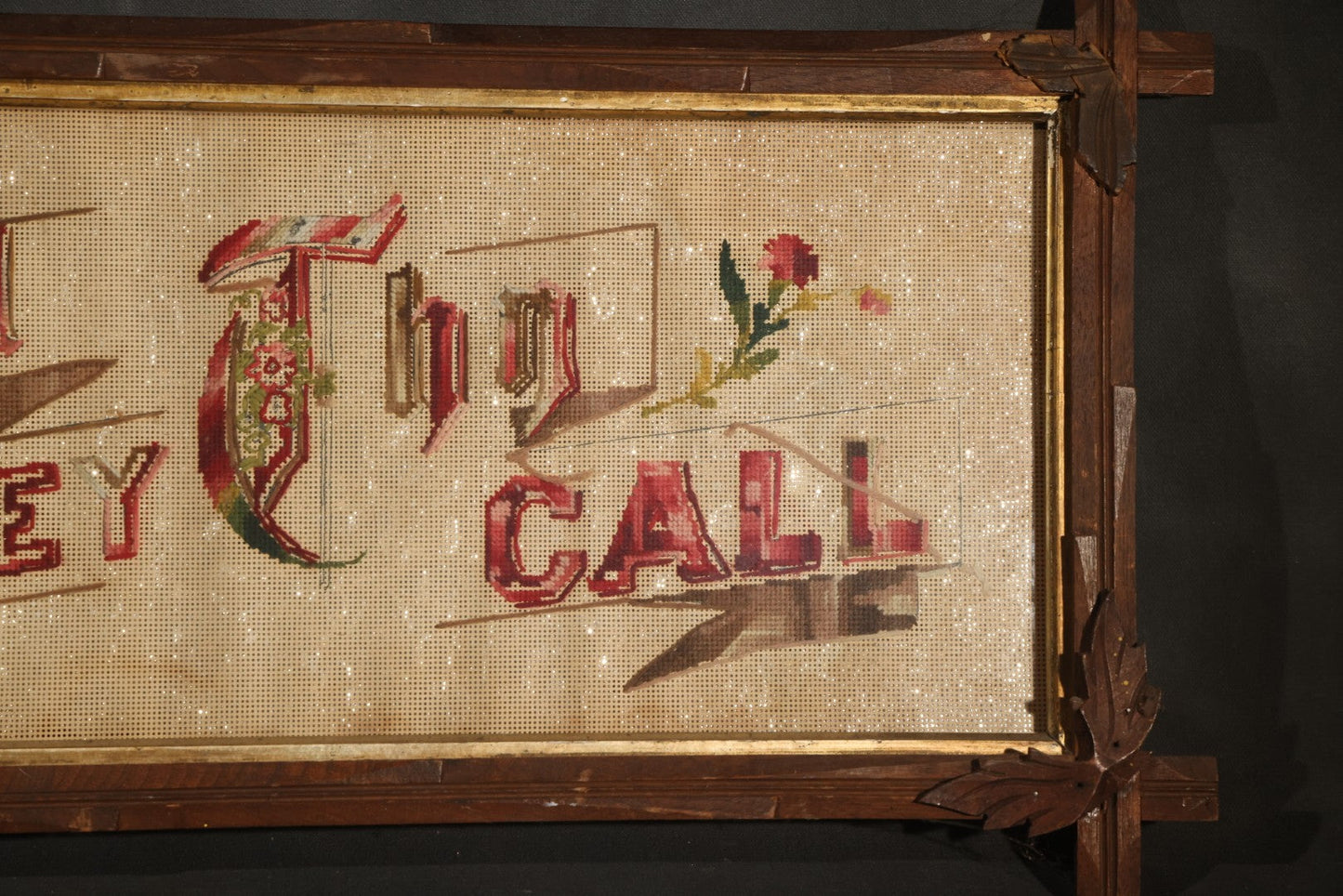 Antique Victorian Punchwork Paper Embroidery "I Will Obey Thy Call" in Crossed-Corner Wood Frame