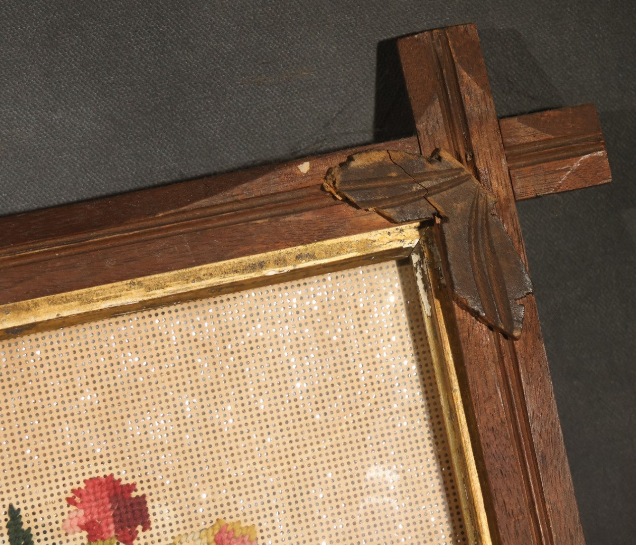 Antique Victorian Punchwork Paper Embroidery "I Will Obey Thy Call" in Crossed-Corner Wood Frame