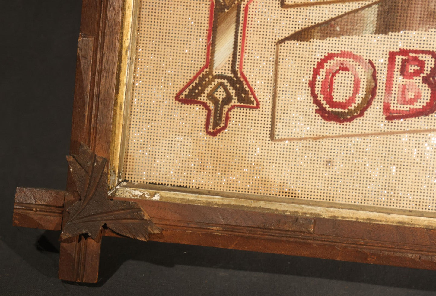 Antique Victorian Punchwork Paper Embroidery "I Will Obey Thy Call" in Crossed-Corner Wood Frame