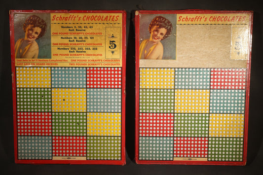 Pair of Vintage Schrafft's Chocolates 5-Cent Punch Board Trade Stimulators with Pin-Up Girl Graphics