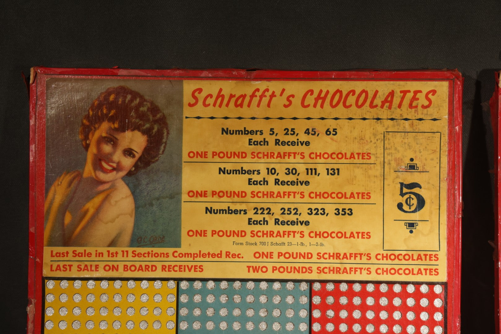 Pair of Vintage Schrafft's Chocolates 5-Cent Punch Board Trade Stimulators with Pin-Up Girl Graphics
