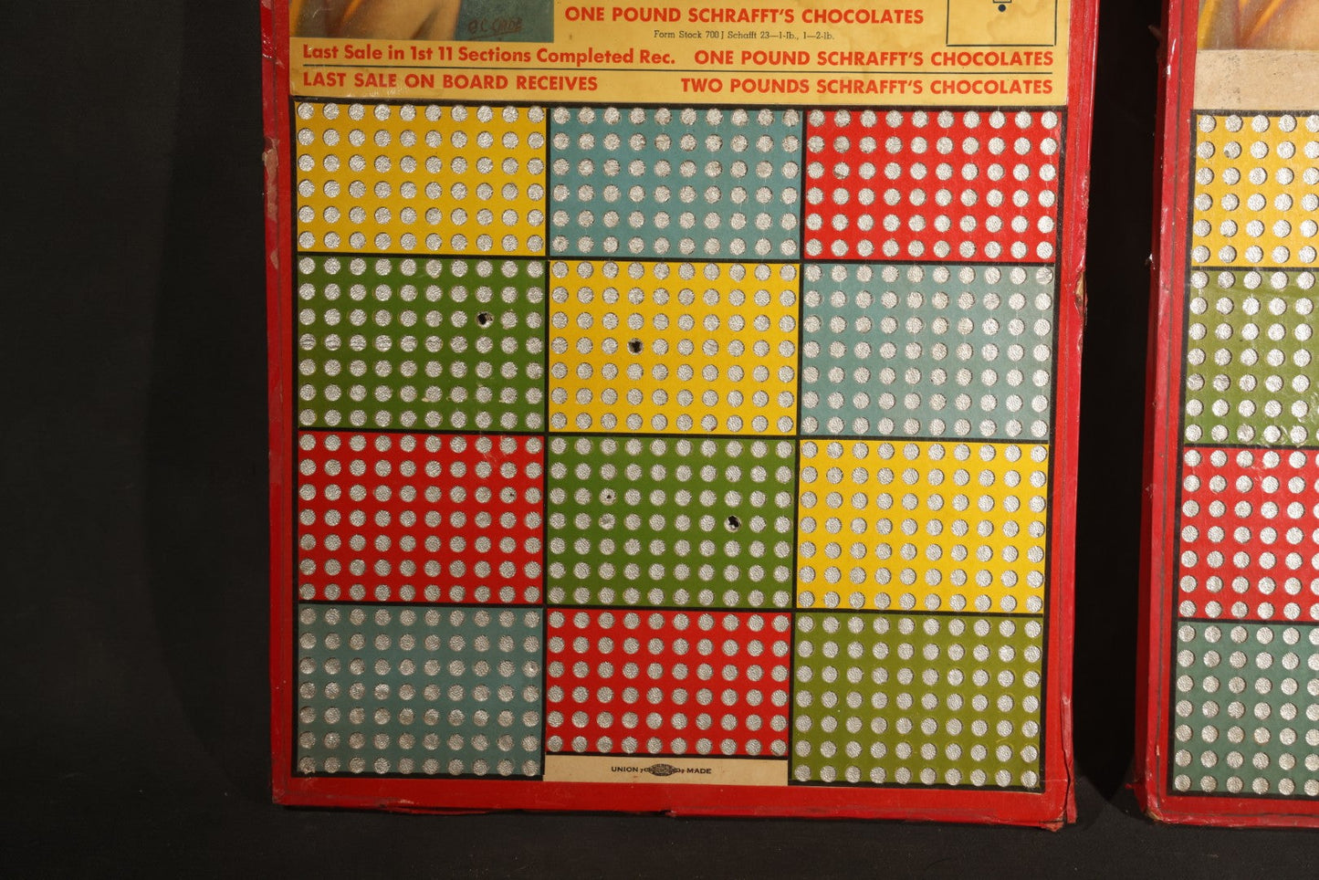 Pair of Vintage Schrafft's Chocolates 5-Cent Punch Board Trade Stimulators with Pin-Up Girl Graphics