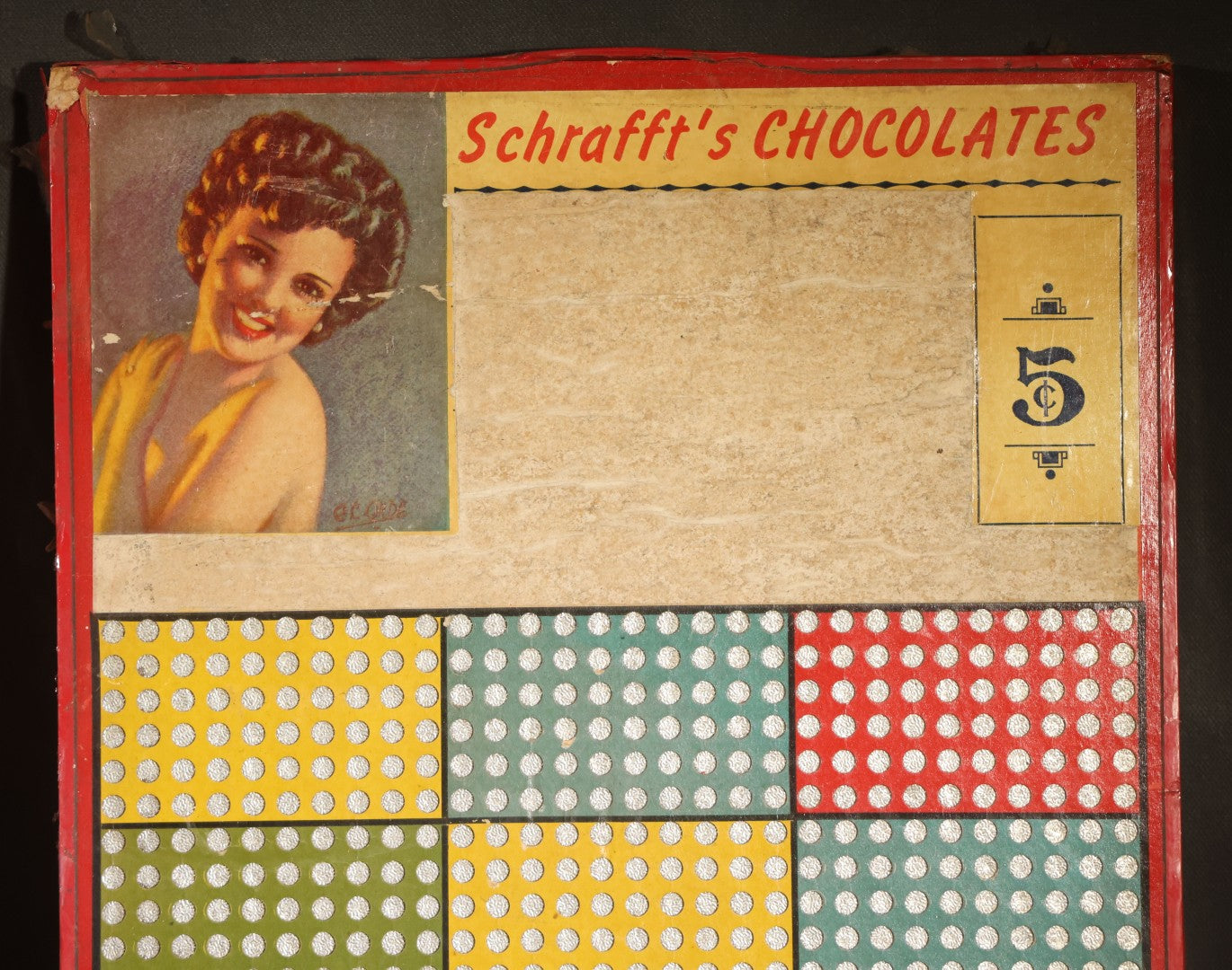 Pair of Vintage Schrafft's Chocolates 5-Cent Punch Board Trade Stimulators with Pin-Up Girl Graphics