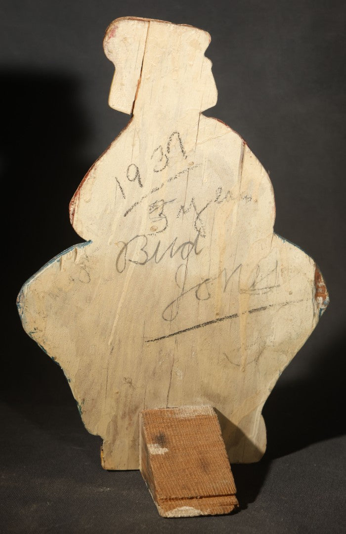 Vintage Folk Art Hand-Painted Wooden Cutout of a Dutch Boy, Inscribed "Bud Jones" and Dated 1931