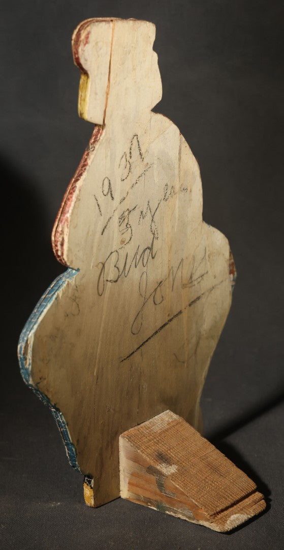 Vintage Folk Art Hand-Painted Wooden Cutout of a Dutch Boy, Inscribed "Bud Jones" and Dated 1931