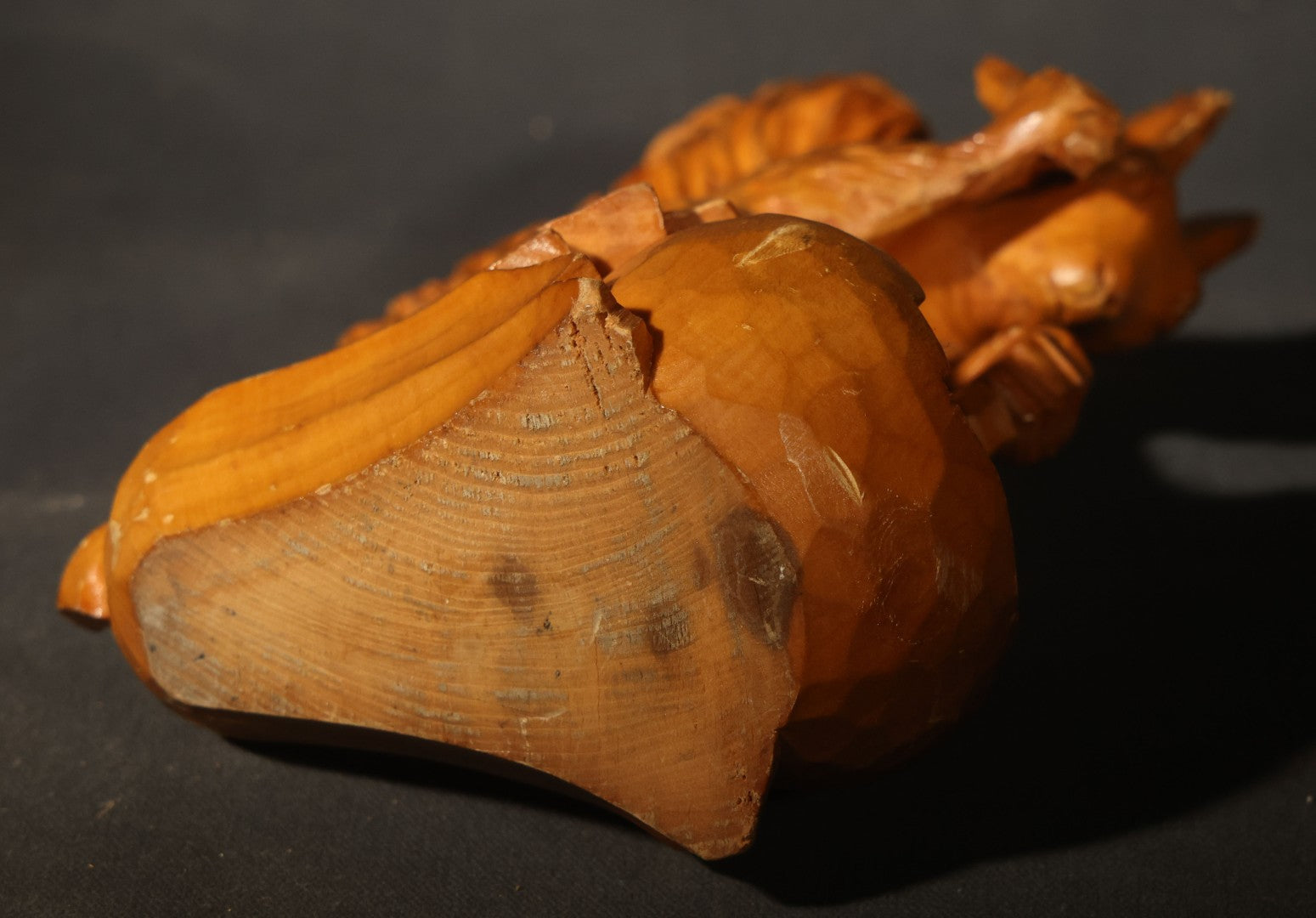 Vintage Hand-Carved Wood Folk Art Squirrel Figure Depicted Carving a Nut Shell with Mallet and Chisel