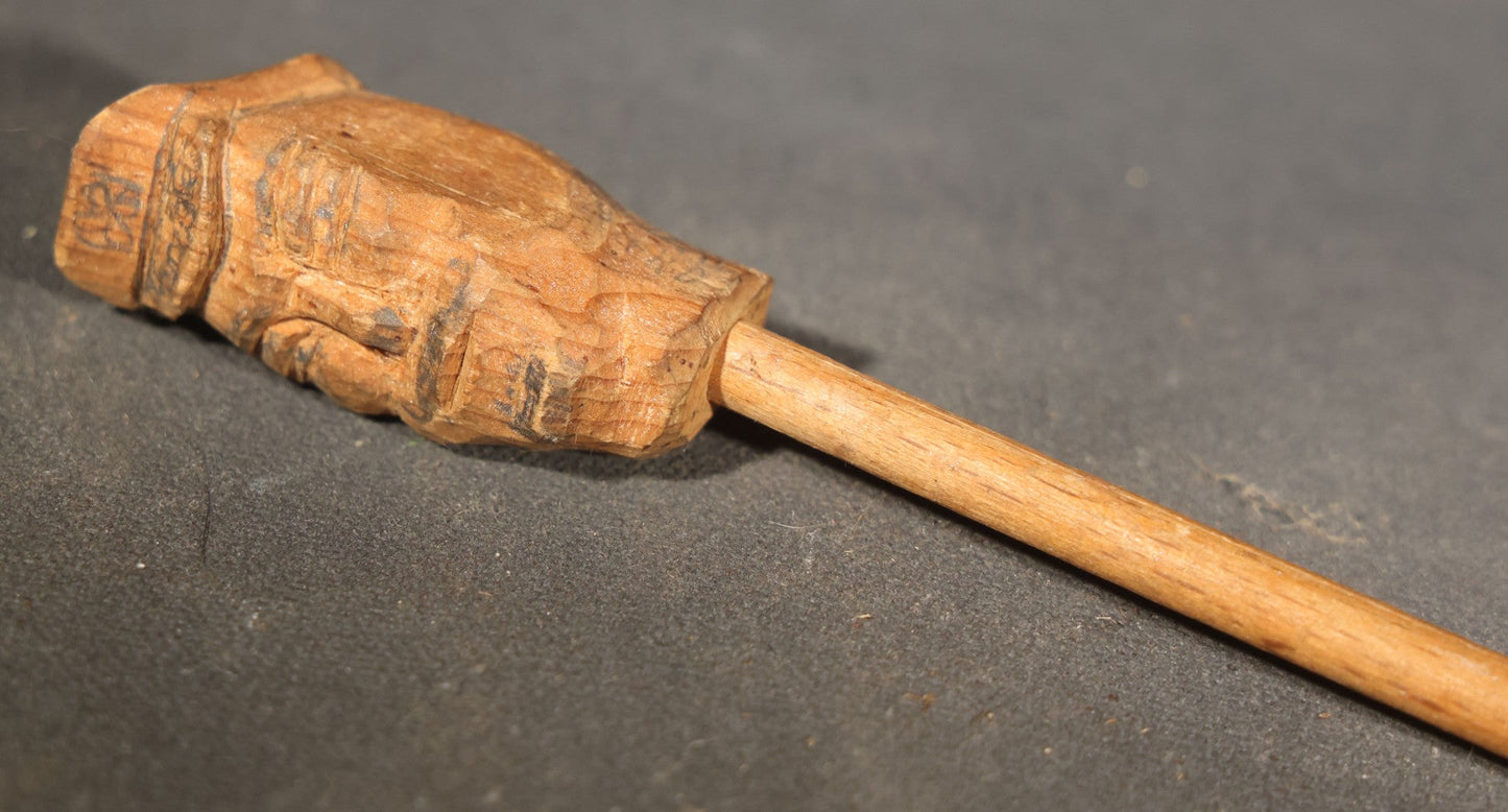 Grouping of Three Vintage Folk Art Wood Carvings including Ball-in-Cage Whimsy, Carved Face Block, and Carved Face on a Stick
