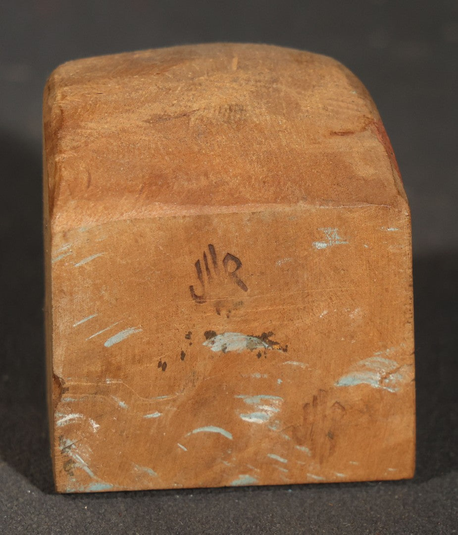 Grouping of Three Vintage Folk Art Wood Carvings including Ball-in-Cage Whimsy, Carved Face Block, and Carved Face on a Stick