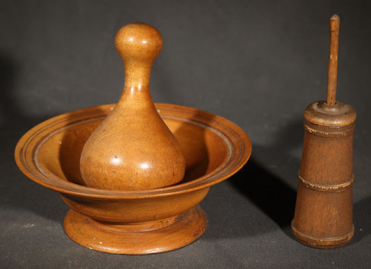 Pair of Vintage Turned Wood Items including a Folk Art Miniature Prisoner-Made Butter Churn, Maine, Possibly Buckfield, and a Mortar and Pestle