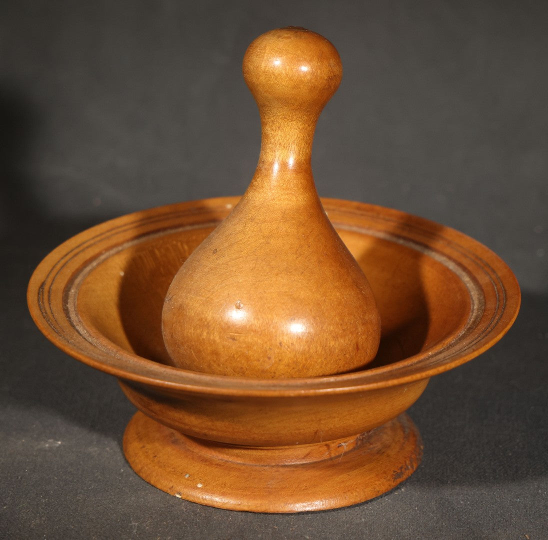 Pair of Vintage Turned Wood Items including a Folk Art Miniature Prisoner-Made Butter Churn, Maine, Possibly Buckfield, and a Mortar and Pestle