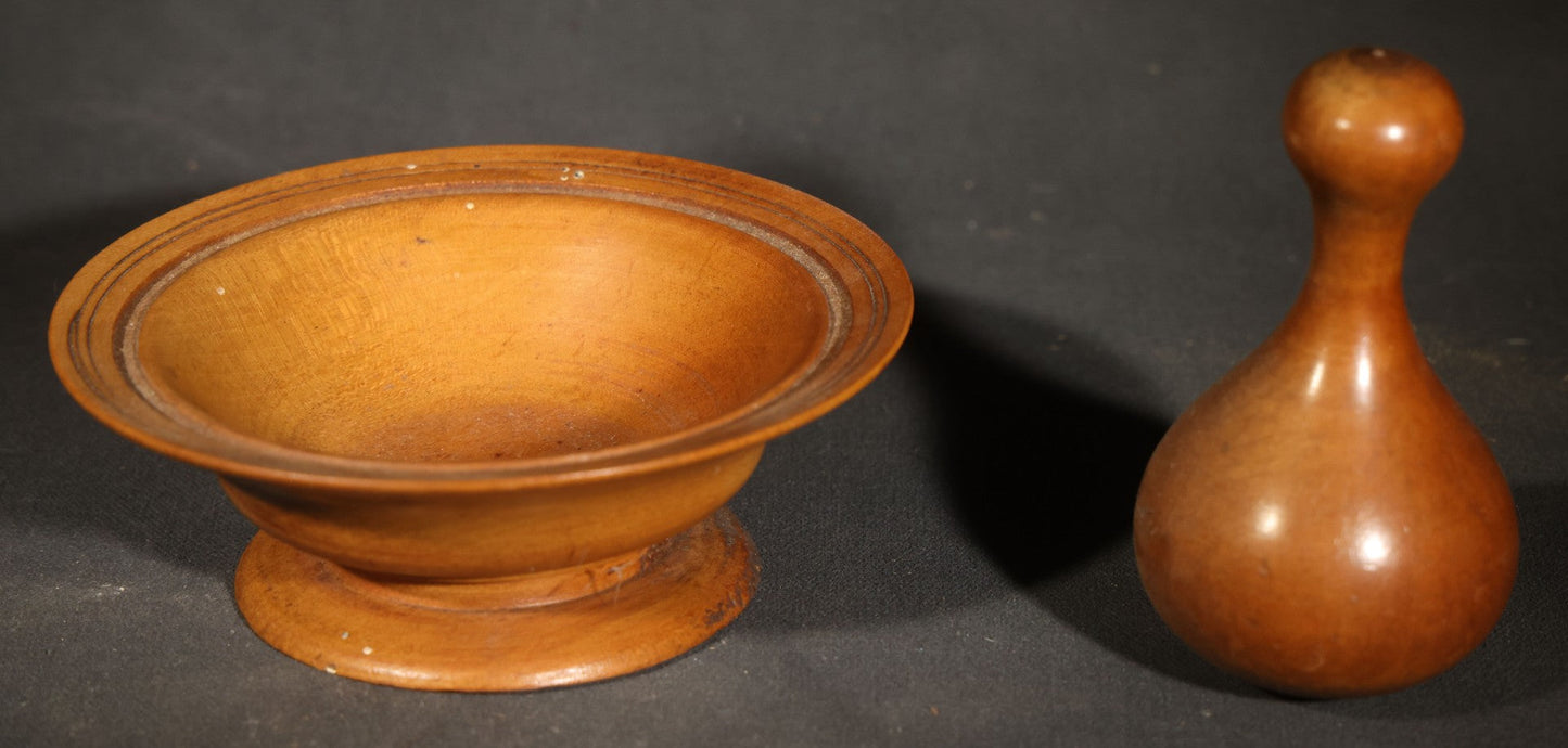 Pair of Vintage Turned Wood Items including a Folk Art Miniature Prisoner-Made Butter Churn, Maine, Possibly Buckfield, and a Mortar and Pestle