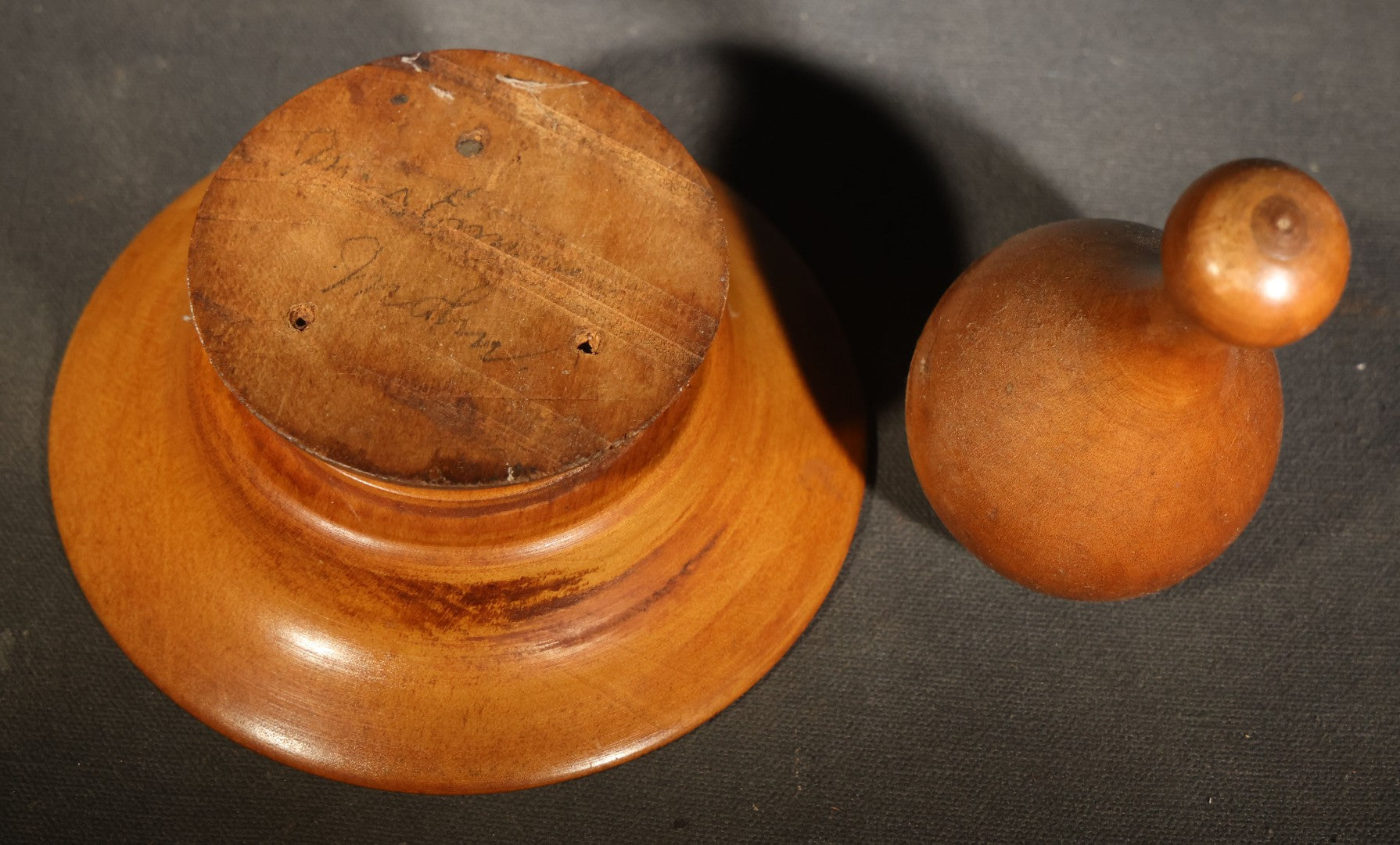 Pair of Vintage Turned Wood Items including a Folk Art Miniature Prisoner-Made Butter Churn, Maine, Possibly Buckfield, and a Mortar and Pestle