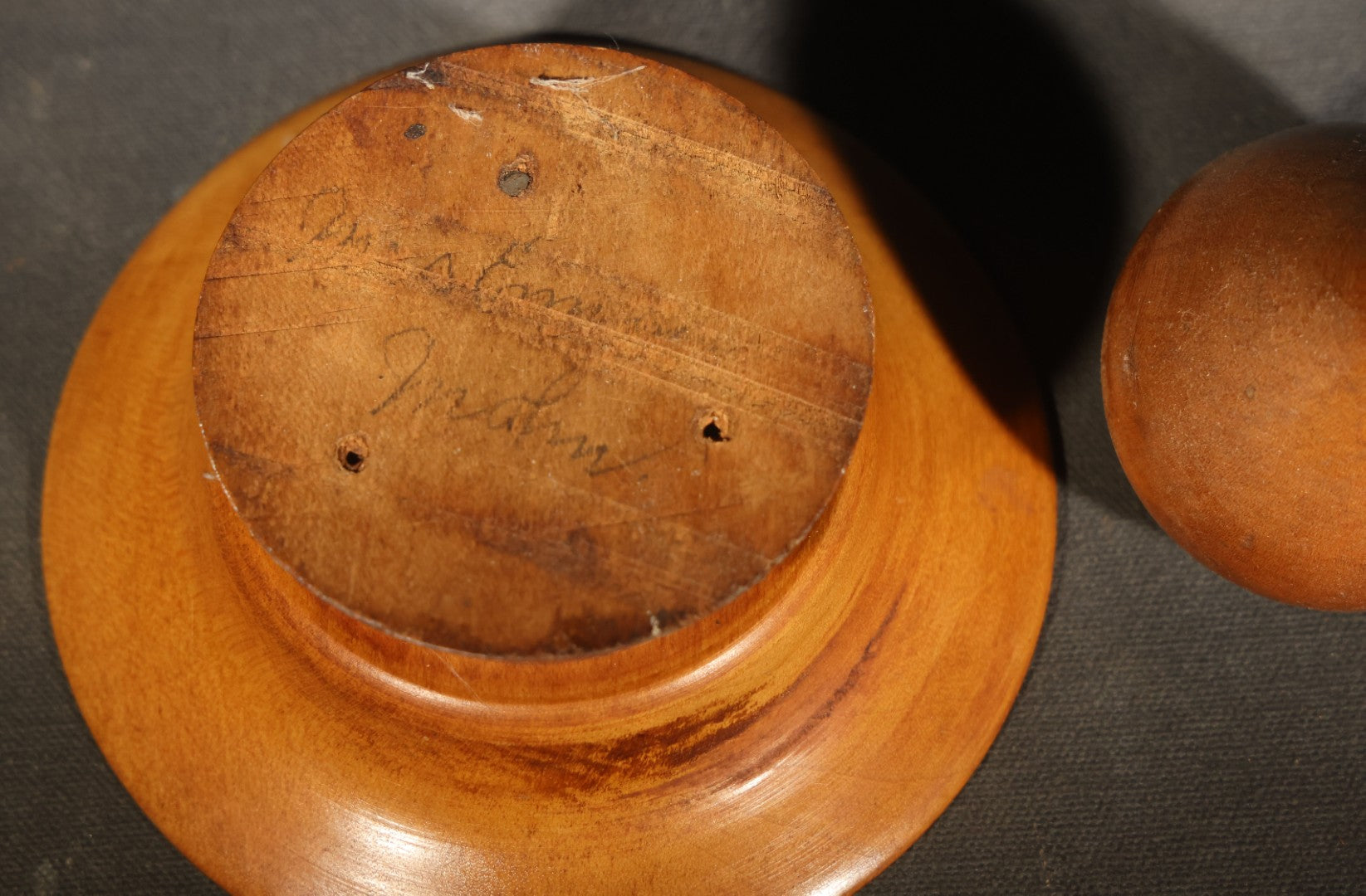 Pair of Vintage Turned Wood Items including a Folk Art Miniature Prisoner-Made Butter Churn, Maine, Possibly Buckfield, and a Mortar and Pestle