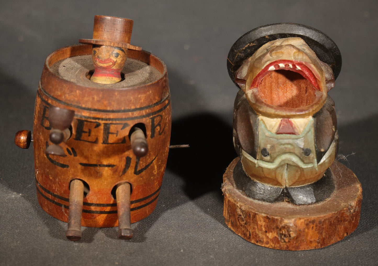 Pair of Vintage Carved and Painted Wooden Novelty Figures including a Japanese "BEER" ("ビール") Barrel Animated Figure with Pop-Up Man in Top Hat