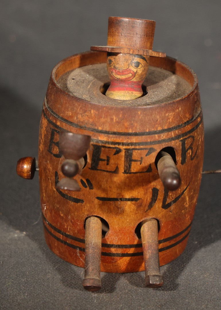Pair of Vintage Carved and Painted Wooden Novelty Figures including a Japanese "BEER" ("ビール") Barrel Animated Figure with Pop-Up Man in Top Hat