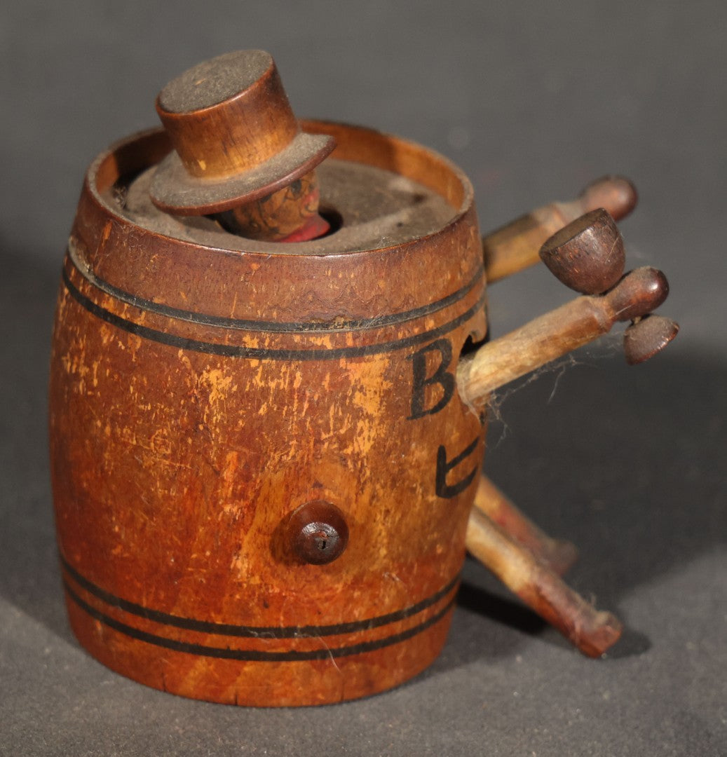 Pair of Vintage Carved and Painted Wooden Novelty Figures including a Japanese "BEER" ("ビール") Barrel Animated Figure with Pop-Up Man in Top Hat