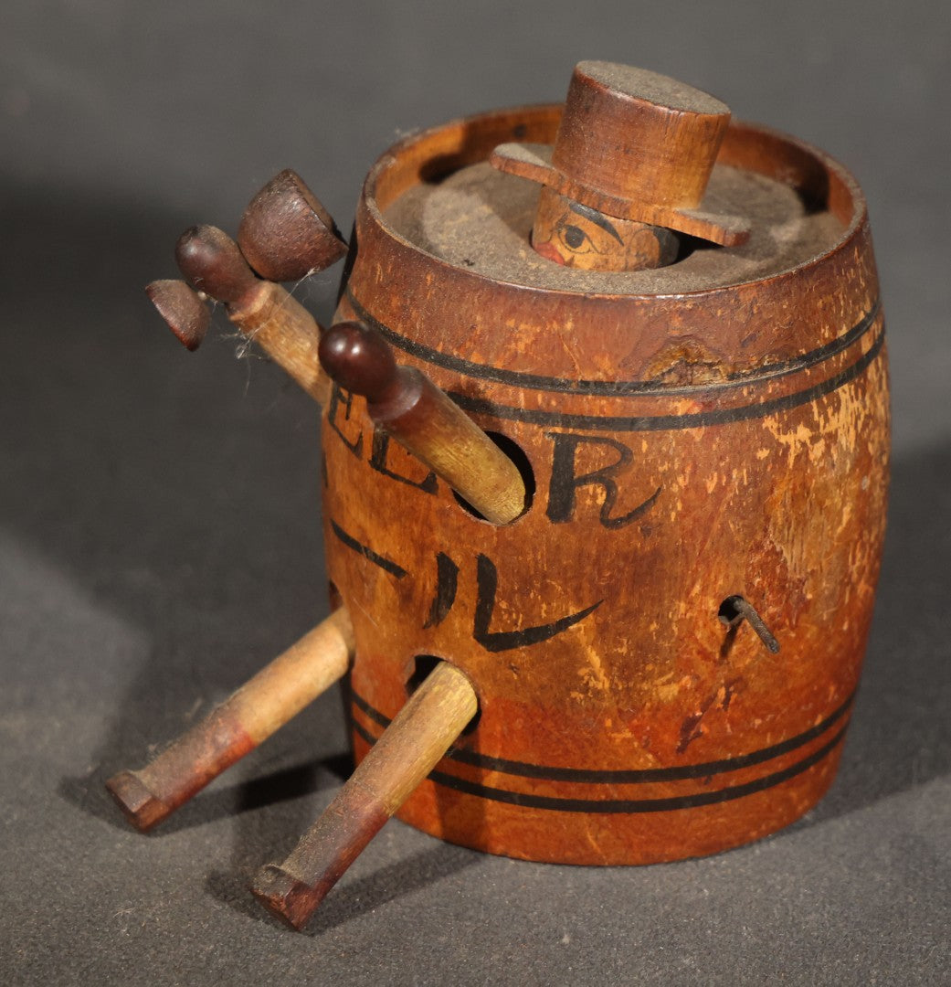 Pair of Vintage Carved and Painted Wooden Novelty Figures including a Japanese "BEER" ("ビール") Barrel Animated Figure with Pop-Up Man in Top Hat