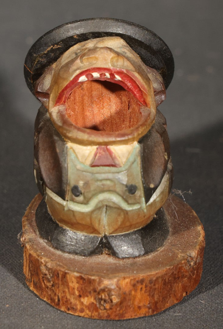 Pair of Vintage Carved and Painted Wooden Novelty Figures including a Japanese "BEER" ("ビール") Barrel Animated Figure with Pop-Up Man in Top Hat