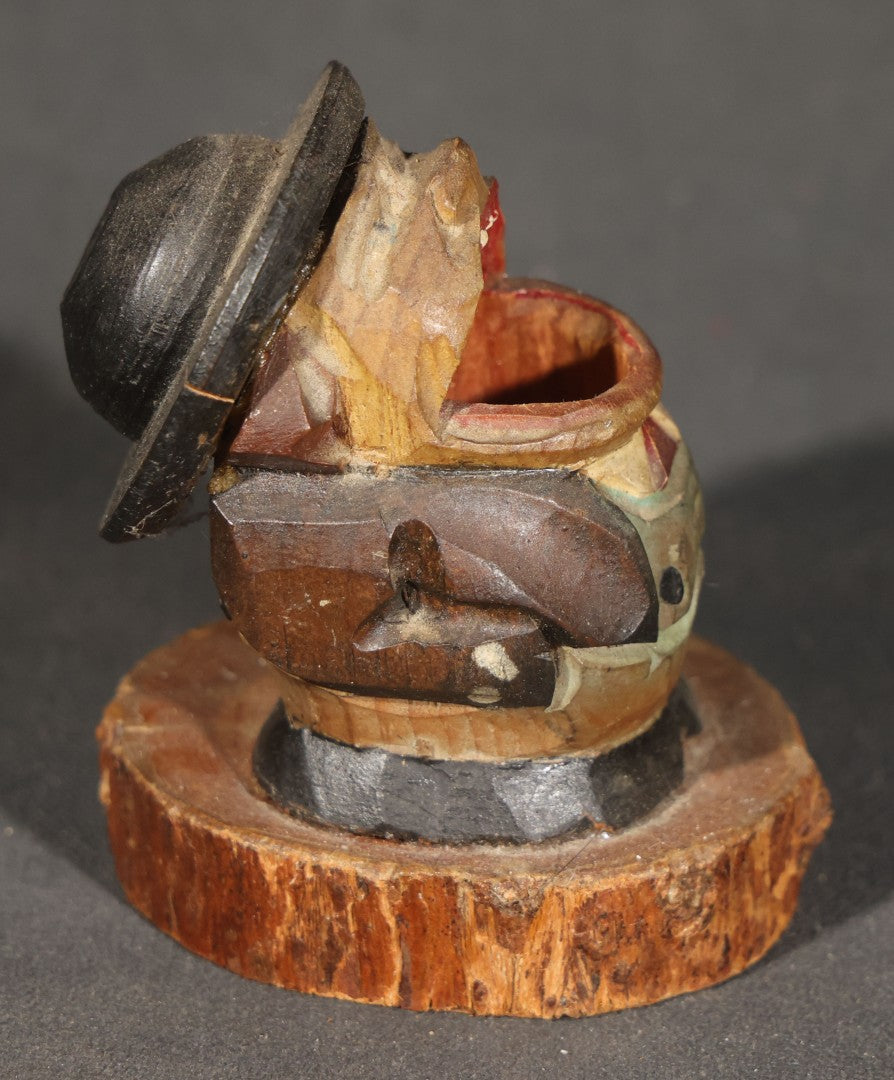 Pair of Vintage Carved and Painted Wooden Novelty Figures including a Japanese "BEER" ("ビール") Barrel Animated Figure with Pop-Up Man in Top Hat