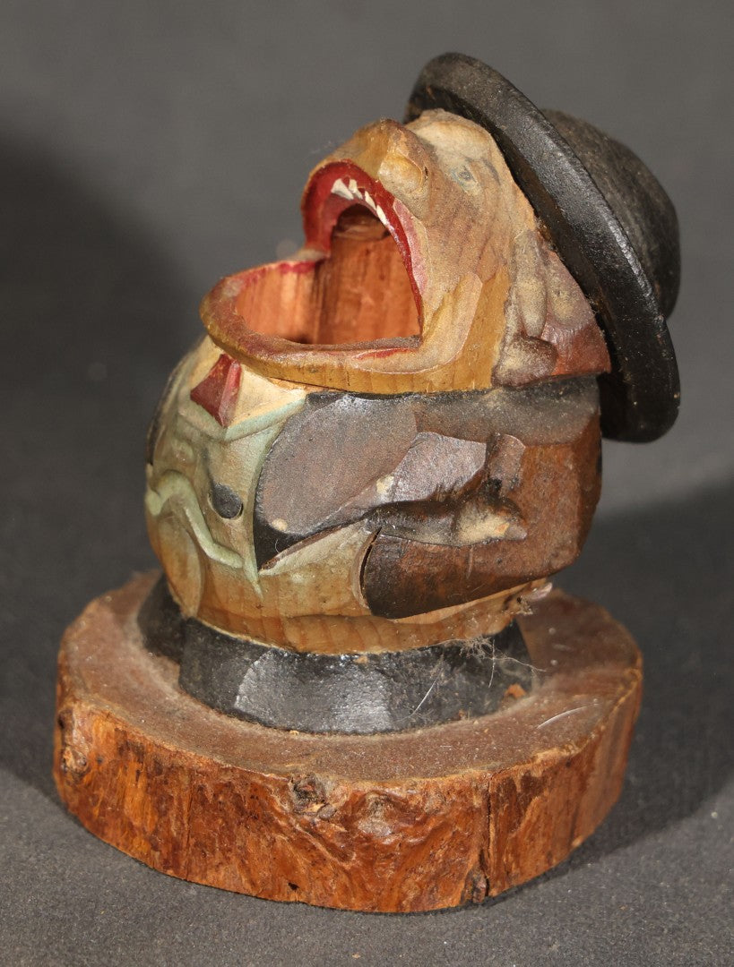 Pair of Vintage Carved and Painted Wooden Novelty Figures including a Japanese "BEER" ("ビール") Barrel Animated Figure with Pop-Up Man in Top Hat