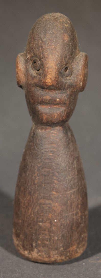 Trio of Antique Carved Wood Figures including a Penguin, a Painted Man in Cap and Jacket, and a Dark-Stained Anthropomorphic Figure