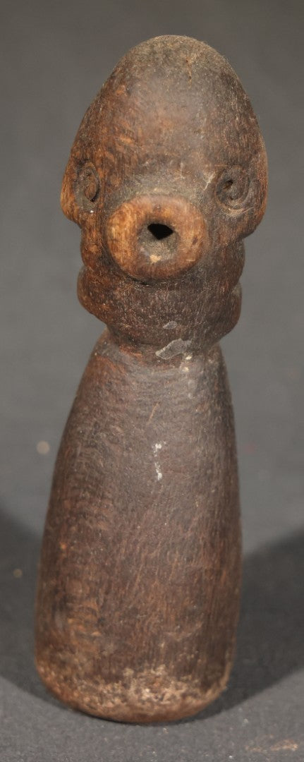 Trio of Antique Carved Wood Figures including a Penguin, a Painted Man in Cap and Jacket, and a Dark-Stained Anthropomorphic Figure