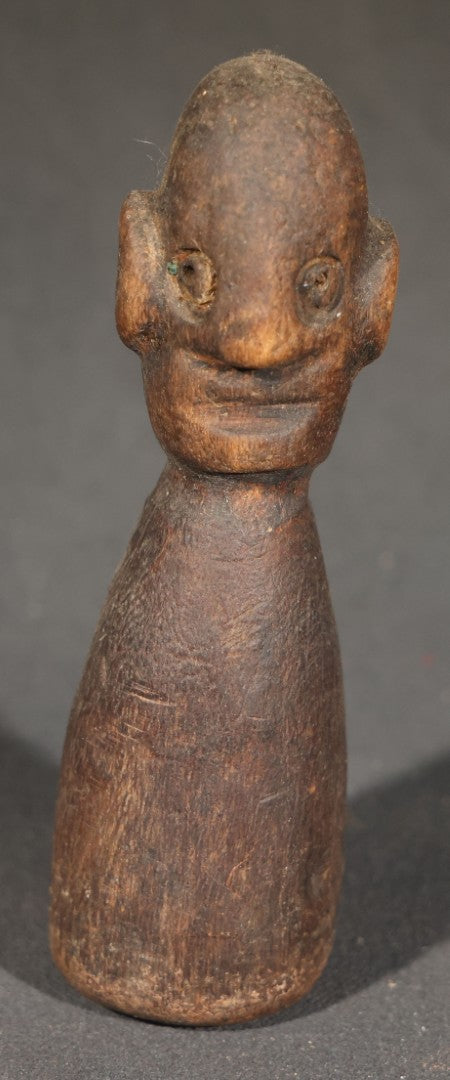 Trio of Antique Carved Wood Figures including a Penguin, a Painted Man in Cap and Jacket, and a Dark-Stained Anthropomorphic Figure