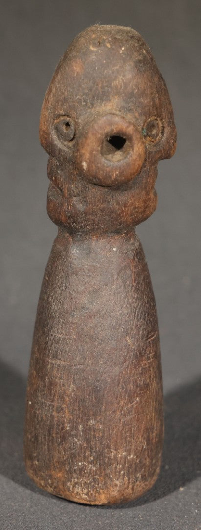 Trio of Antique Carved Wood Figures including a Penguin, a Painted Man in Cap and Jacket, and a Dark-Stained Anthropomorphic Figure