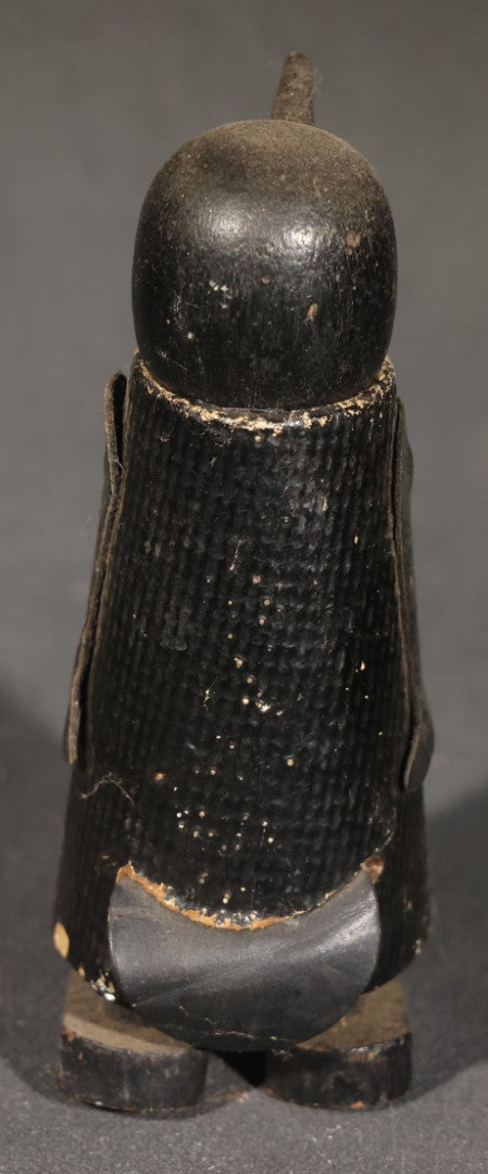Trio of Antique Carved Wood Figures including a Penguin, a Painted Man in Cap and Jacket, and a Dark-Stained Anthropomorphic Figure