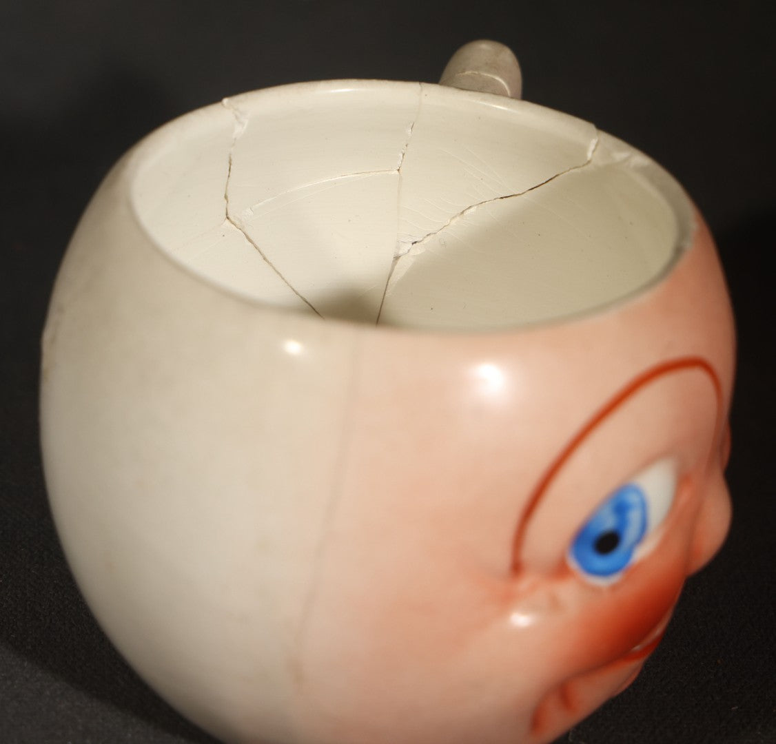 Trio of Vintage Figural Face Ceramics including Brown Glazed Smiley Mug, Anthropomorphic Tomato Jug with Lid, and Czechoslovakia Porcelanit Smiling Face Mug
