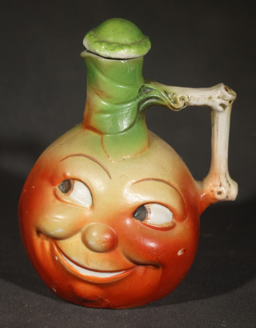 Trio of Vintage Figural Face Ceramics including Brown Glazed Smiley Mug, Anthropomorphic Tomato Jug with Lid, and Czechoslovakia Porcelanit Smiling Face Mug