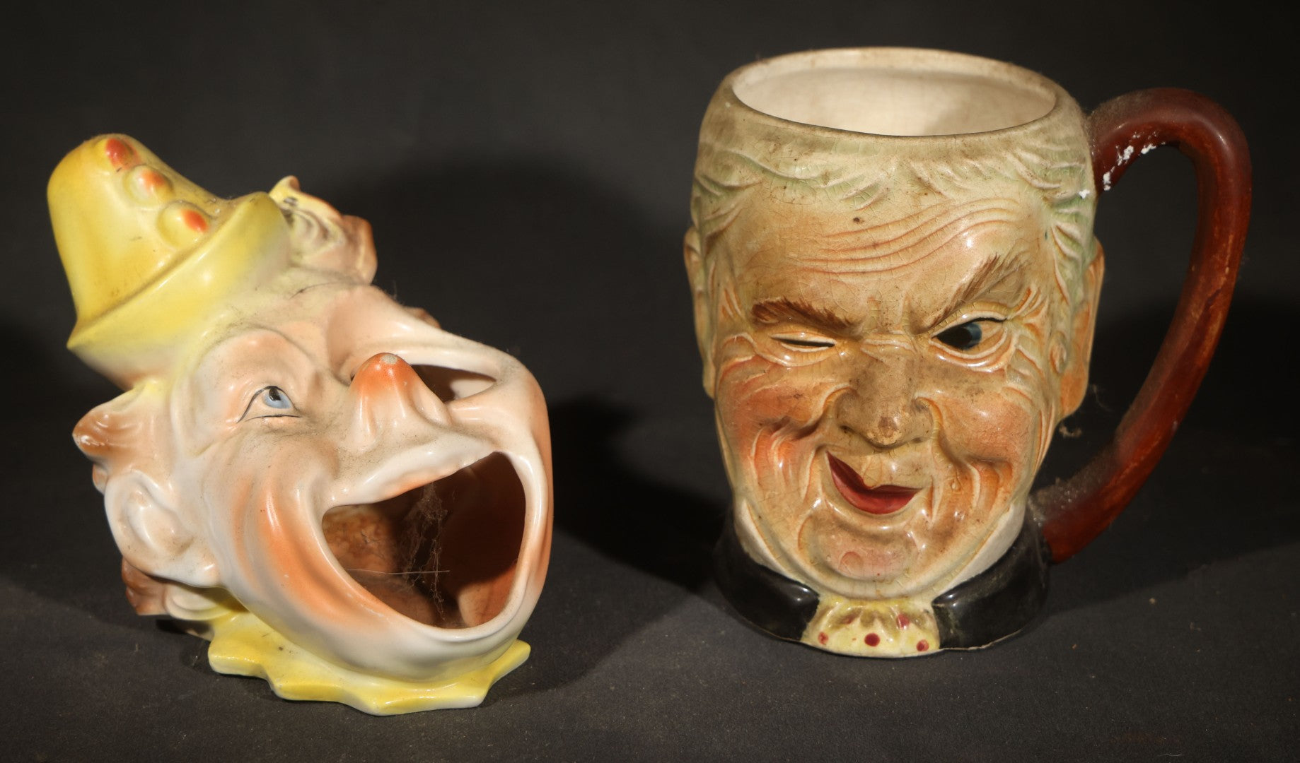 Pair of Vintage Figural Character Face Ceramics including German Hand-Painted Open-Mouth Clown Ashtray and Occupied Japan Toby Mug
