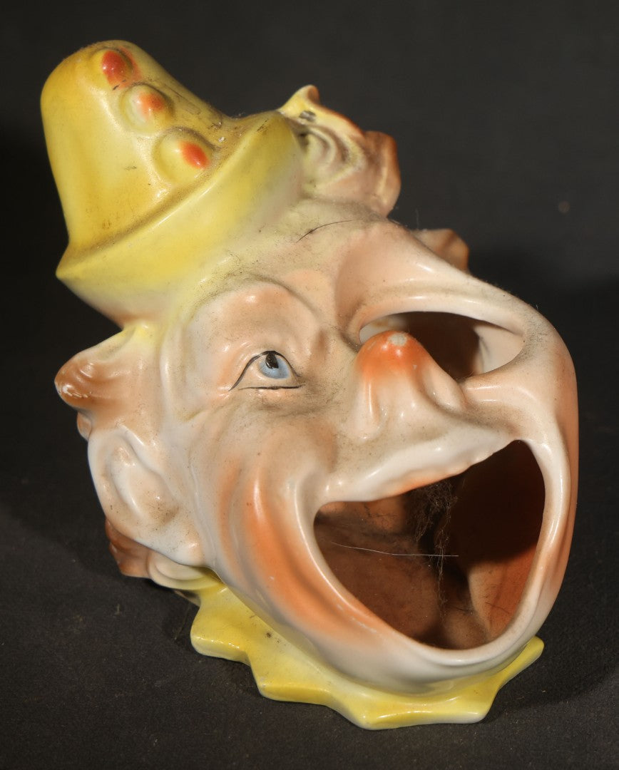 Pair of Vintage Figural Character Face Ceramics including German Hand-Painted Open-Mouth Clown Ashtray and Occupied Japan Toby Mug
